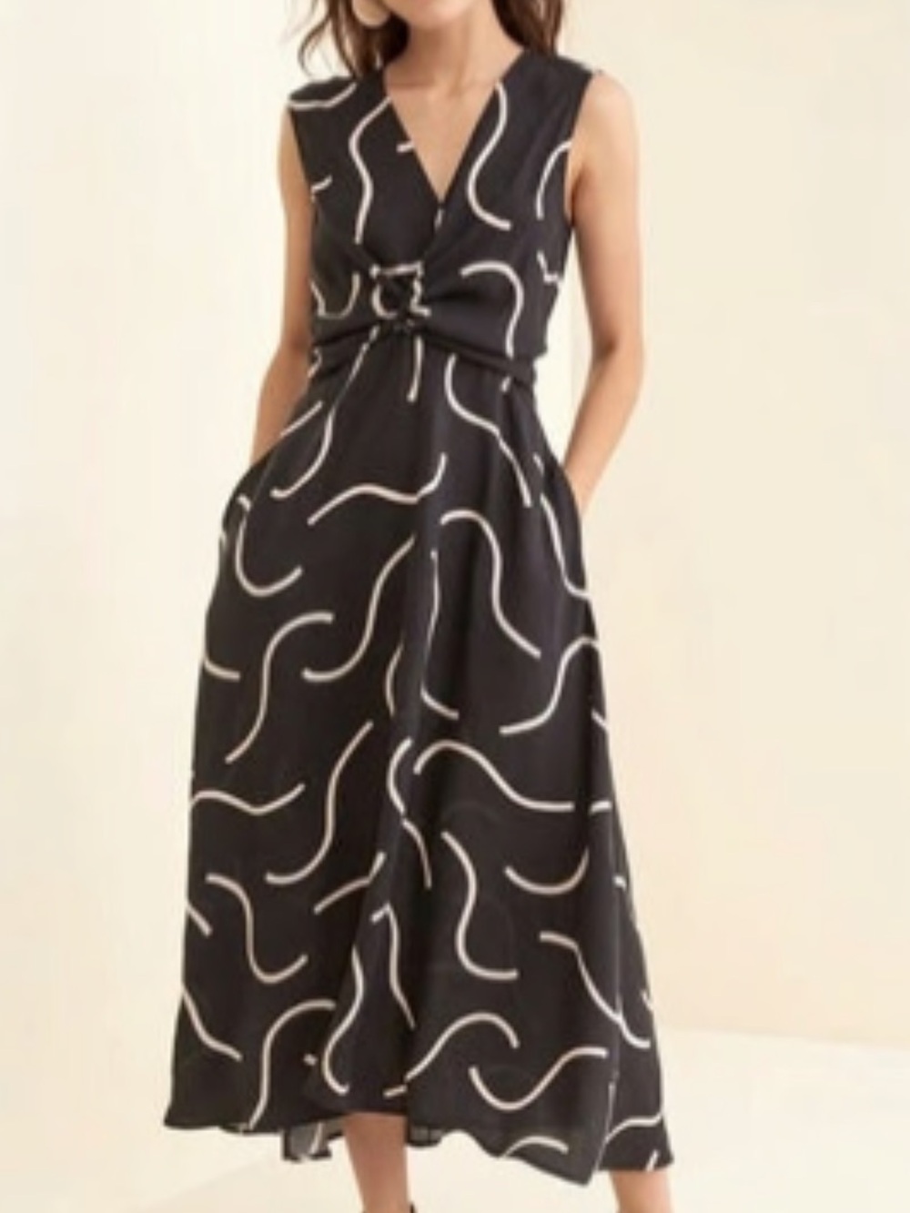 Amour Vert Black Maxi Dress with Cream Abstract Print and Front Knot